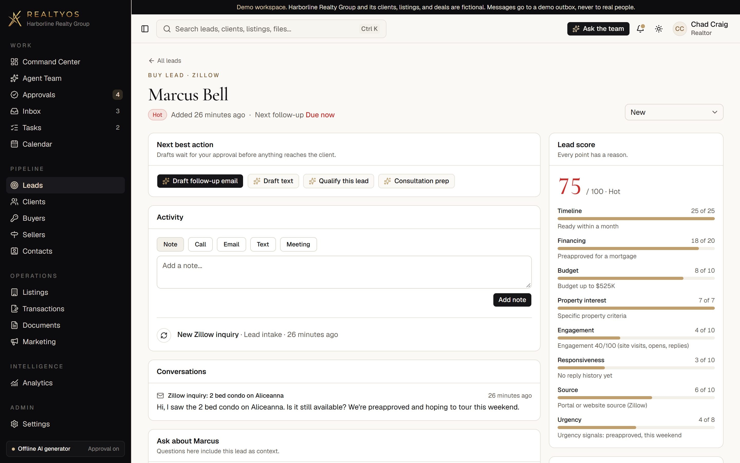 A lead record with an explainable score, conversation, and suggested next steps